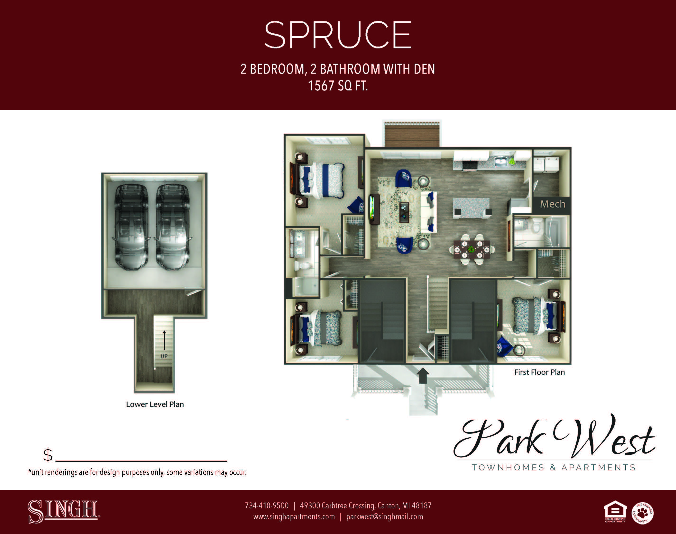 Floor plan for 2 beds, 2 baths, 1567 sqft